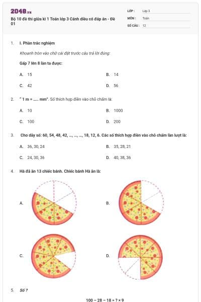 Bộ 10 đề thi giữa kì 1 Toán lớp 3 Cánh diều có đáp án - Đề 01