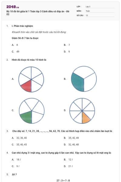 Bộ 10 đề thi giữa kì 1 Toán lớp 3 Cánh diều có đáp án - Đề 02