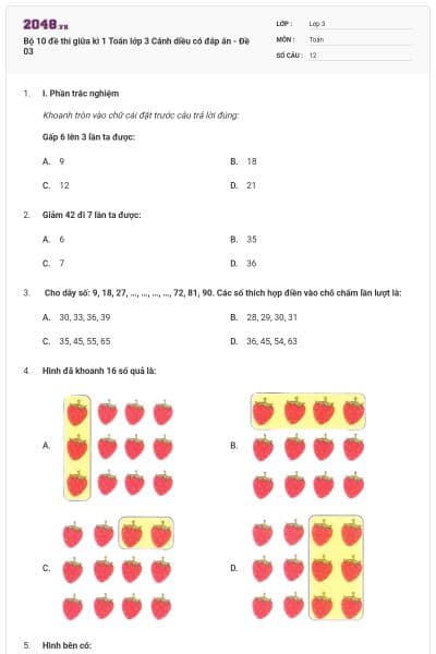 Bộ 10 đề thi giữa kì 1 Toán lớp 3 Cánh diều có đáp án - Đề 03