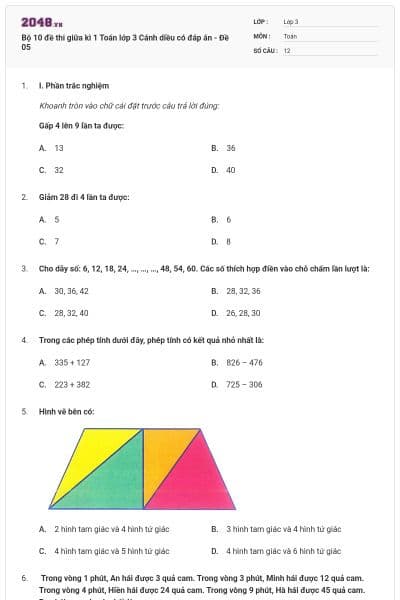 Bộ 10 đề thi giữa kì 1 Toán lớp 3 Cánh diều có đáp án - Đề 05