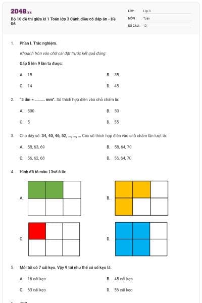 Bộ 10 đề thi giữa kì 1 Toán lớp 3 Cánh diều có đáp án - Đề 06