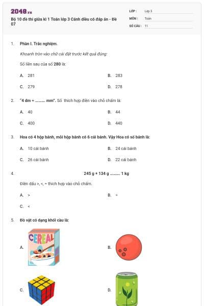 Bộ 10 đề thi giữa kì 1 Toán lớp 3 Cánh diều có đáp án - Đề 07