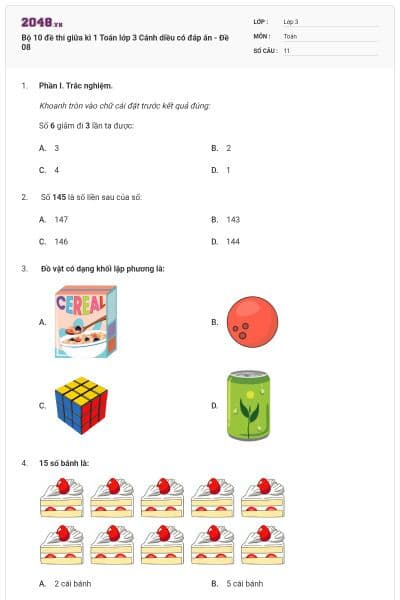 Bộ 10 đề thi giữa kì 1 Toán lớp 3 Cánh diều có đáp án - Đề 08