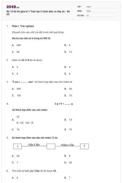 Bộ 10 đề thi giữa kì 1 Toán lớp 3 Cánh diều có đáp án - Đề 09