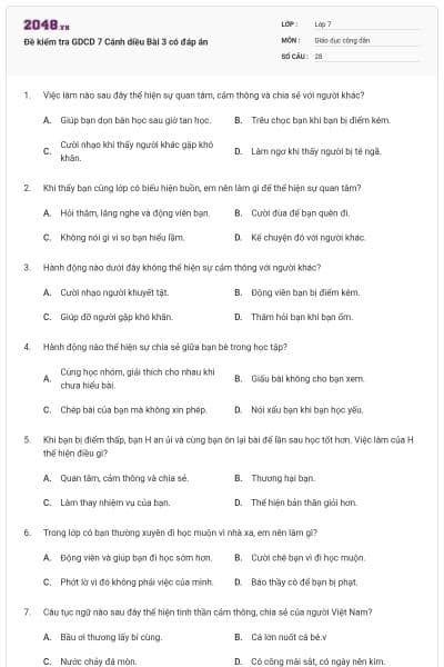 Đề kiểm tra GDCD 7 Cánh diều Bài 3 có đáp án
