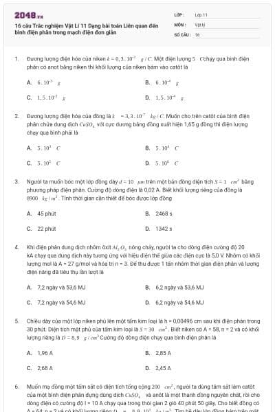 16 câu Trắc nghiệm Vật Lí 11 Dạng bài toán Liên quan đến bình điện phân trong mạch điện đơn giản
