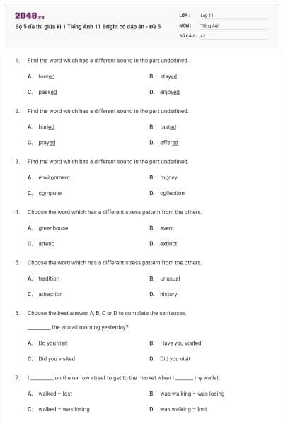 Bộ 5 đề thi giữa kì 1 Tiếng Anh 11 Bright có đáp án - Đề 5