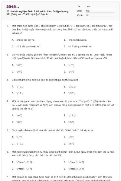 20 câu trắc nghiệm Toán 8 Kết nối tri thức Ôn tập chương VIII (Đúng sai - Trả lời ngắn) có đáp án