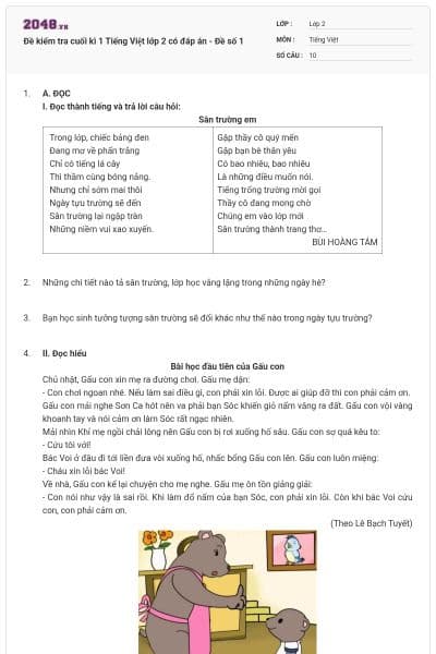 Đề kiểm tra cuối kì 1 Tiếng Việt lớp 2 có đáp án - Đề số 1