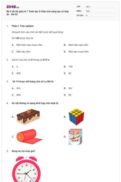 Bộ 5 đề thi giữa kì 1 Toán lớp 3 Chân trời sáng tạo có đáp án - Đề 03