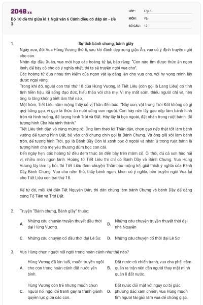 Bộ 10 đề thi giữa kì 1 Ngữ văn 6 Cánh diều có đáp án - Đề 3