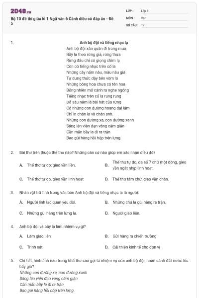 Bộ 10 đề thi giữa kì 1 Ngữ văn 6 Cánh diều có đáp án - Đề 5