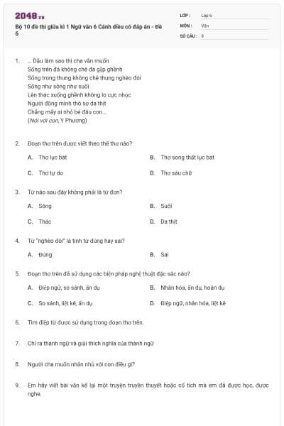 Bộ 10 đề thi giữa kì 1 Ngữ văn 6 Cánh diều có đáp án - Đề 6