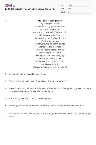 Bộ 10 đề thi giữa kì 1 Ngữ văn 6 Cánh diều có đáp án - Đề 7