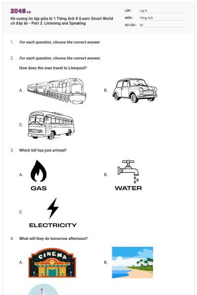 Đề cương ôn tập giữa kì 1 Tiếng Anh 8 iLearn Smart World có đáp án - Part 3. Listening and Speaking