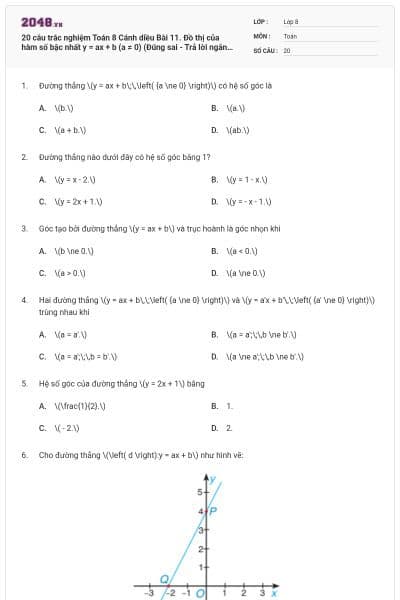 20 câu trắc nghiệm Toán 8 Cánh diều Bài 11. Đồ thị của hàm số bậc nhất y = ax + b (a ≠ 0) (Đúng sai - Trả lời ngắn) có đáp án