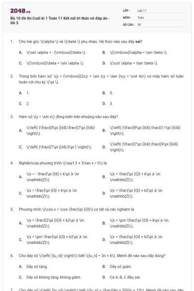 Bộ 10 đề thi Cuối kì 1 Toán 11 Kết nối tri thức có đáp án - Đề 3