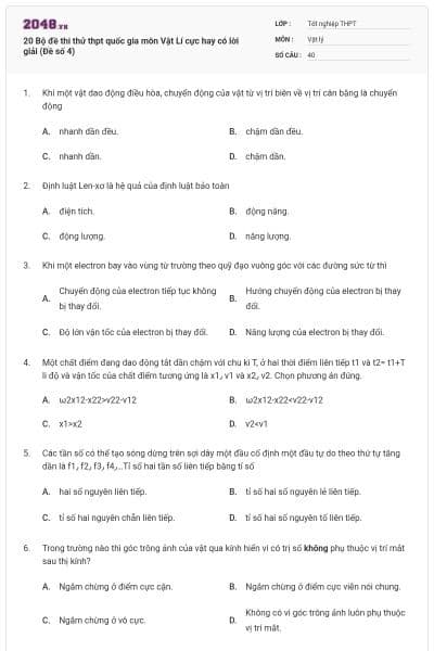 20 Bộ đề thi thử thpt quốc gia môn Vật Lí cực hay có lời giải (Đề số 4)