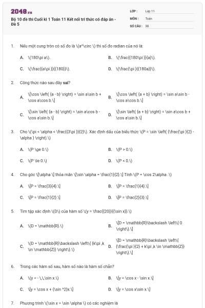 Bộ 10 đề thi Cuối kì 1 Toán 11 Kết nối tri thức có đáp án - Đề 5