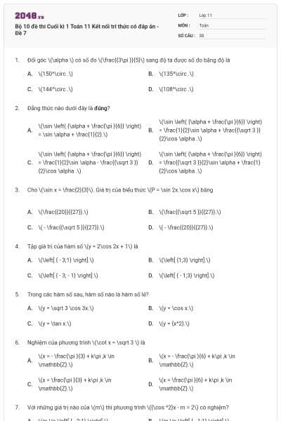 Bộ 10 đề thi Cuối kì 1 Toán 11 Kết nối tri thức có đáp án - Đề 7