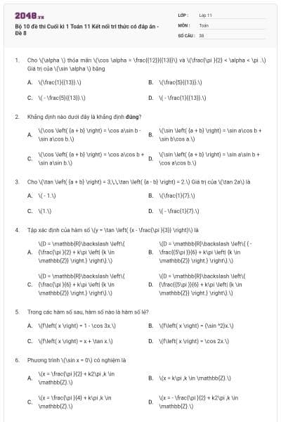 Bộ 10 đề thi Cuối kì 1 Toán 11 Kết nối tri thức có đáp án - Đề 8