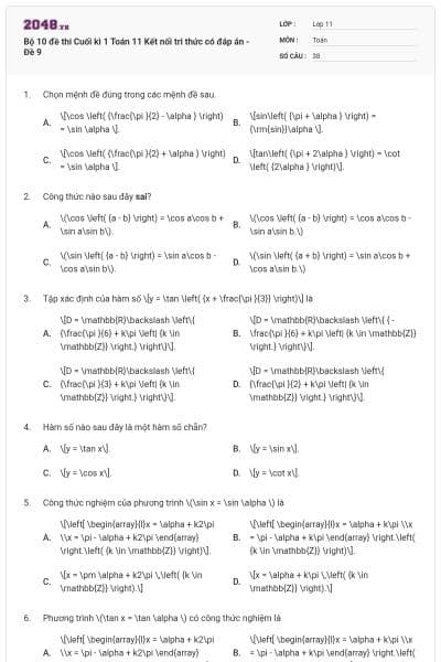 Bộ 10 đề thi Cuối kì 1 Toán 11 Kết nối tri thức có đáp án - Đề 9