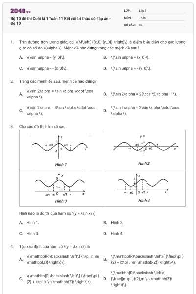 Bộ 10 đề thi Cuối kì 1 Toán 11 Kết nối tri thức có đáp án - Đề 10