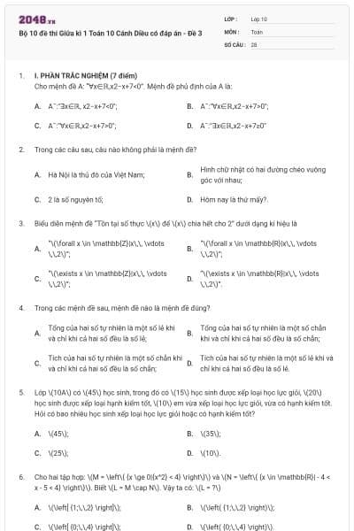 Bộ 10 đề thi Giữa kì 1 Toán 10 Cánh Diều có đáp án - Đề 3