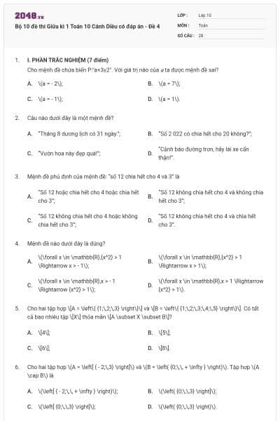 Bộ 10 đề thi Giữa kì 1 Toán 10 Cánh Diều có đáp án - Đề 4