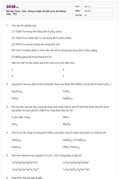 Bài tập Crom - Sắt - Đồng có giải chi tiết (mức độ thông hiểu - P2)