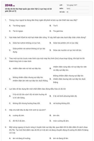20 Bộ đề thi thử thpt quốc gia môn Vật Lí cực hay có lời giải (Đề số 5)
