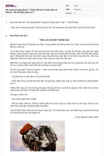 Đề cương ôn tập giữa kì 1 Tiếng Việt lớp 4 Cánh diều có đáp án - Đề thi tham khảo số 1