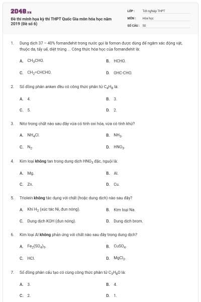 Đề thi minh họa kỳ thi THPT Quốc Gia môn hóa học năm 2019 (Đề số 6)