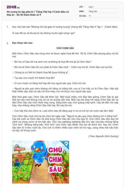 Đề cương ôn tập giữa kì 1 Tiếng Việt lớp 4 Cánh diều có đáp án - Đề thi tham khảo số 9