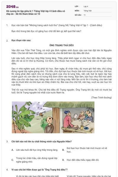 Đề cương ôn tập giữa kì 1 Tiếng Việt lớp 4 Cánh diều có đáp án - Đề thi tham khảo số 10