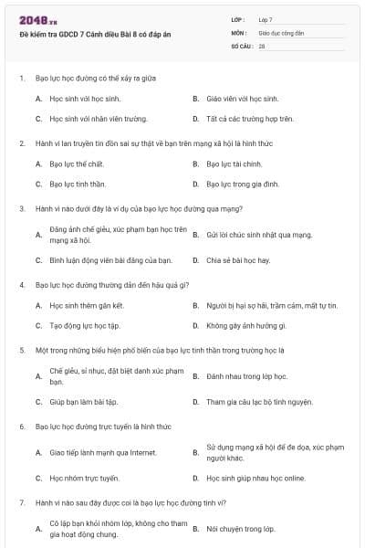 Đề kiểm tra GDCD 7 Cánh diều Bài 8 có đáp án