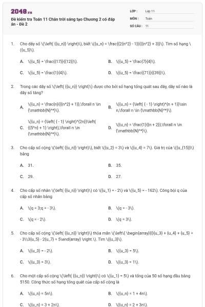 Đề kiểm tra Toán 11 Chân trời sáng tạo Chương 2 có đáp án - Đề 2