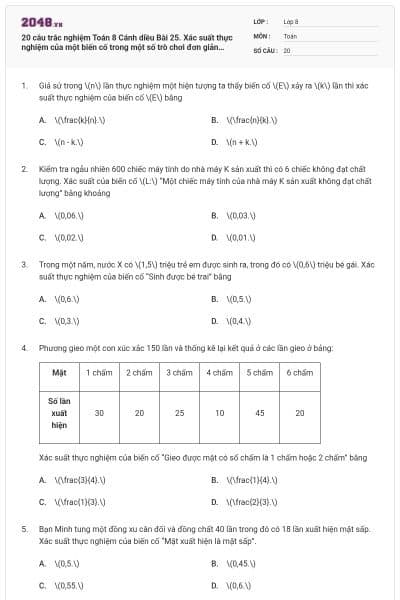 20 câu trắc nghiệm Toán 8 Cánh diều Bài 25. Xác suất thực nghiệm của một biến cố trong một số trò chơi đơn giản (Đúng sai - Trả lời ngắn) có đáp án