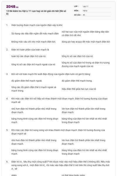 13 Đề kiểm tra Vật Lí 11 cực hay có lời giải chi tiết (Đề số 8)