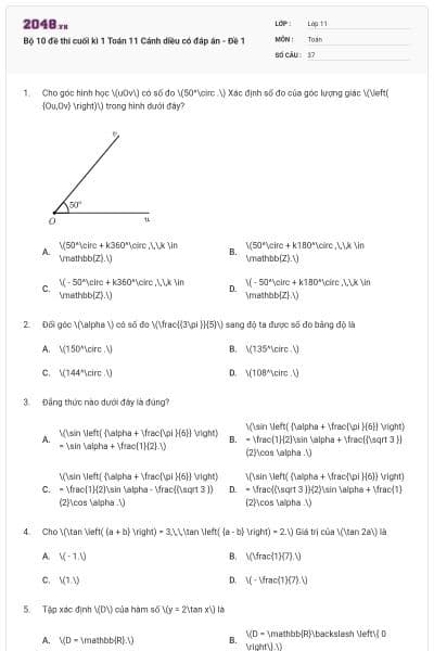 Bộ 10 đề thi cuối kì 1 Toán 11 Cánh diều có đáp án - Đề 1