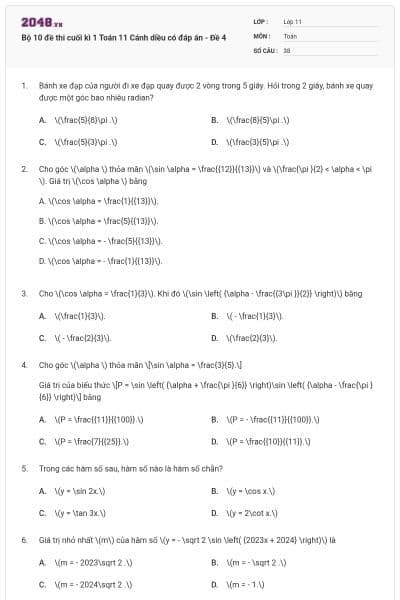Bộ 10 đề thi cuối kì 1 Toán 11 Cánh diều có đáp án - Đề 4