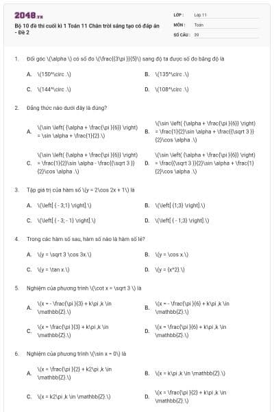 Bộ 10 đề thi cuối kì 1 Toán 11 Chân trời sáng tạo có đáp án - Đề 2