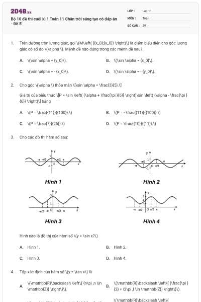 Bộ 10 đề thi cuối kì 1 Toán 11 Chân trời sáng tạo có đáp án - Đề 5
