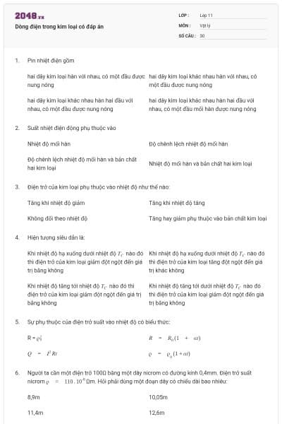 Dòng điện trong kim loại có đáp án