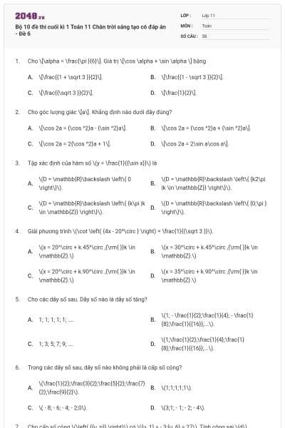 Bộ 10 đề thi cuối kì 1 Toán 11 Chân trời sáng tạo có đáp án - Đề 6