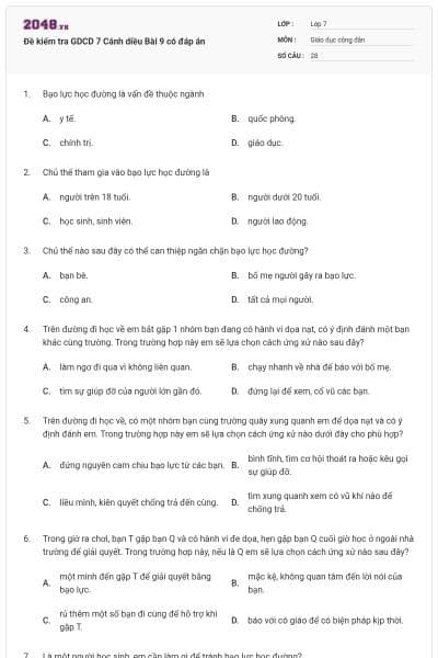 Đề kiểm tra GDCD 7 Cánh diều Bài 9 có đáp án