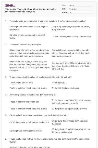 Trắc nghiệm Công nghệ 10 Bài 19 (có đáp án): Ảnh hưởng của thuốc hóa học bảo vệ thực vật