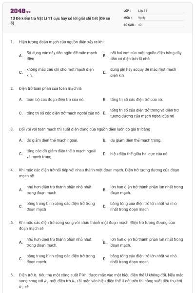 13 Đề kiểm tra Vật Lí 11 cực hay có lời giải chi tiết (Đề số 8)