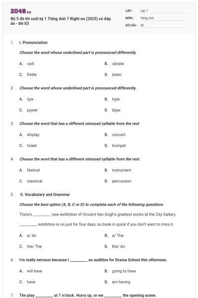 Bộ 5 đề thi cuối kỳ 1 Tiếng Anh 7 Right on (2025) có đáp án - Đề 03