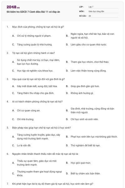 Đề kiểm tra GDCD 7 Cánh diều Bài 11 có đáp án
